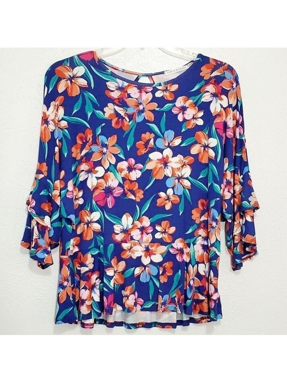 SALE 4/$30 Chris & Carol Blue Floral Peplum Blouse